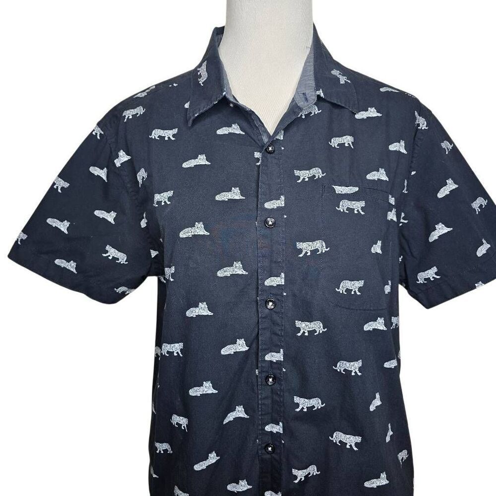 Sunrise Kingdom Custom Design Mens Black Tiger Button Down Short Sleeve Shirt Si